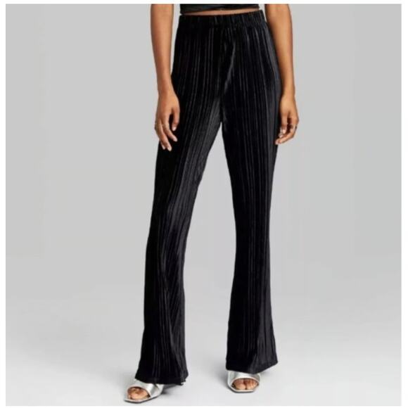 Wild Fable Pants WMNS S Black Velvet Velour Pleated High Waist Flared Pull On - Picture 2 of 11